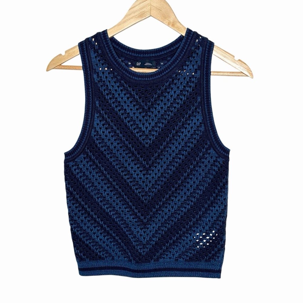 Gap Crochet Chevron Tank Top Blue Womens XS Festival Boho Hippie 70s Fisherman